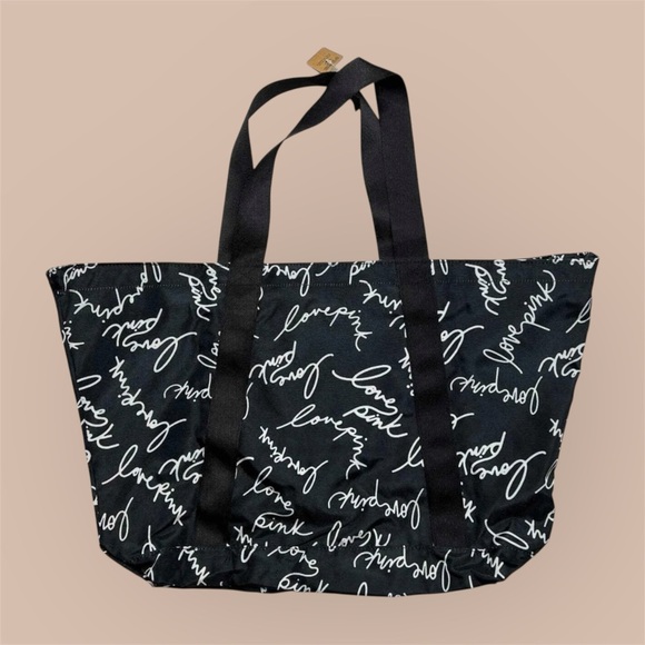 Victoria's Secret PINK Black/White Script Logo Tote-Weekender Bag - Picture 2 of 5